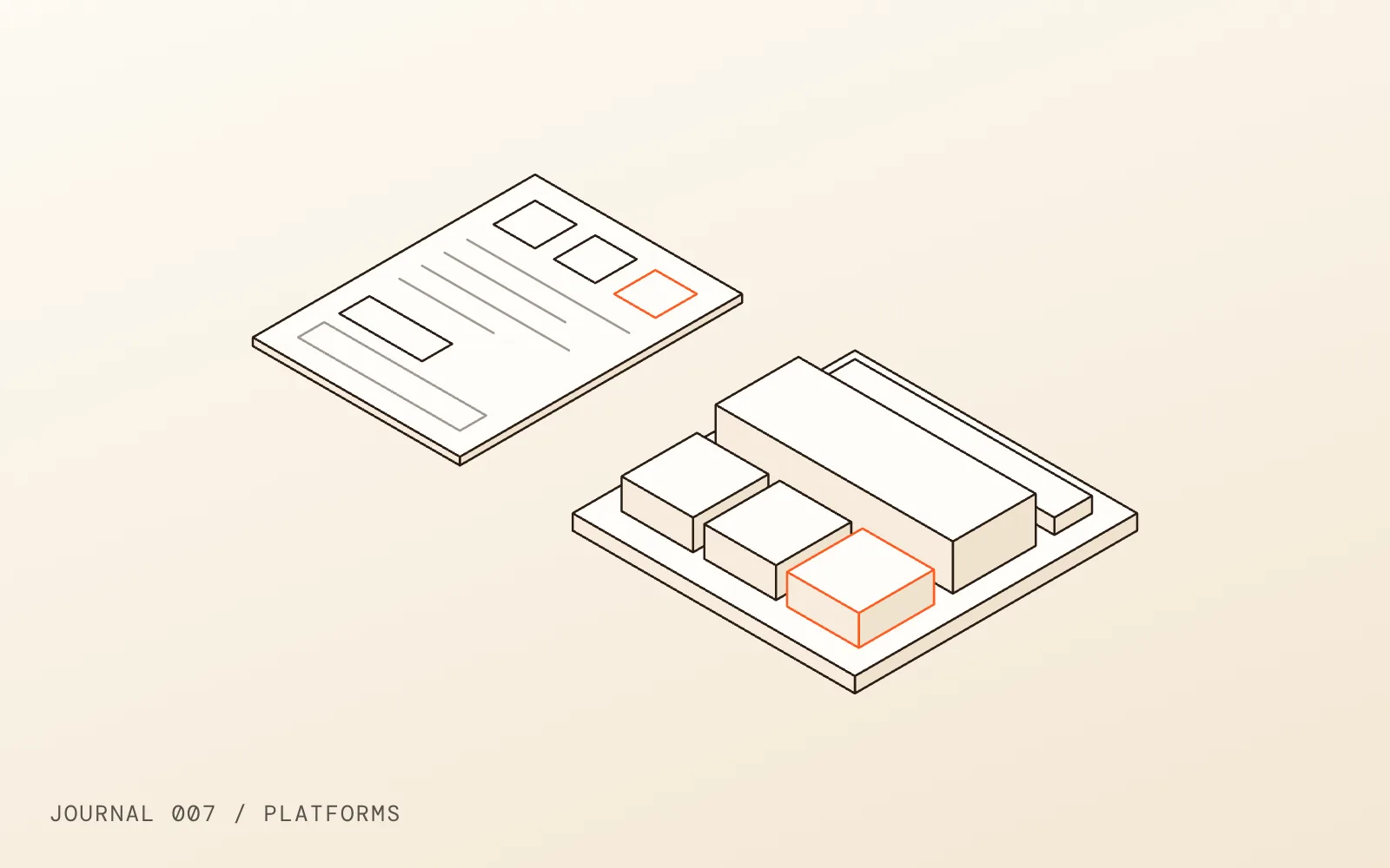 A line drawing of a flat sheet of colour swatches and type lines beside a page built from solid blocks, the accent swatch reappearing as one of its cards