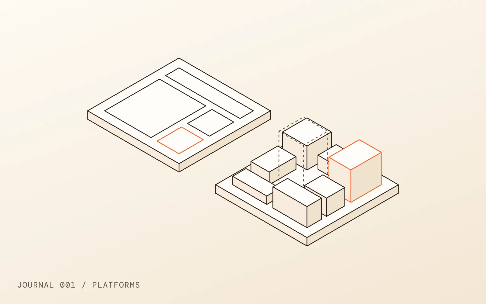 A line drawing of two platforms side by side: one slab with its layout drawn on it, and one base carrying a stack of plug-in modules