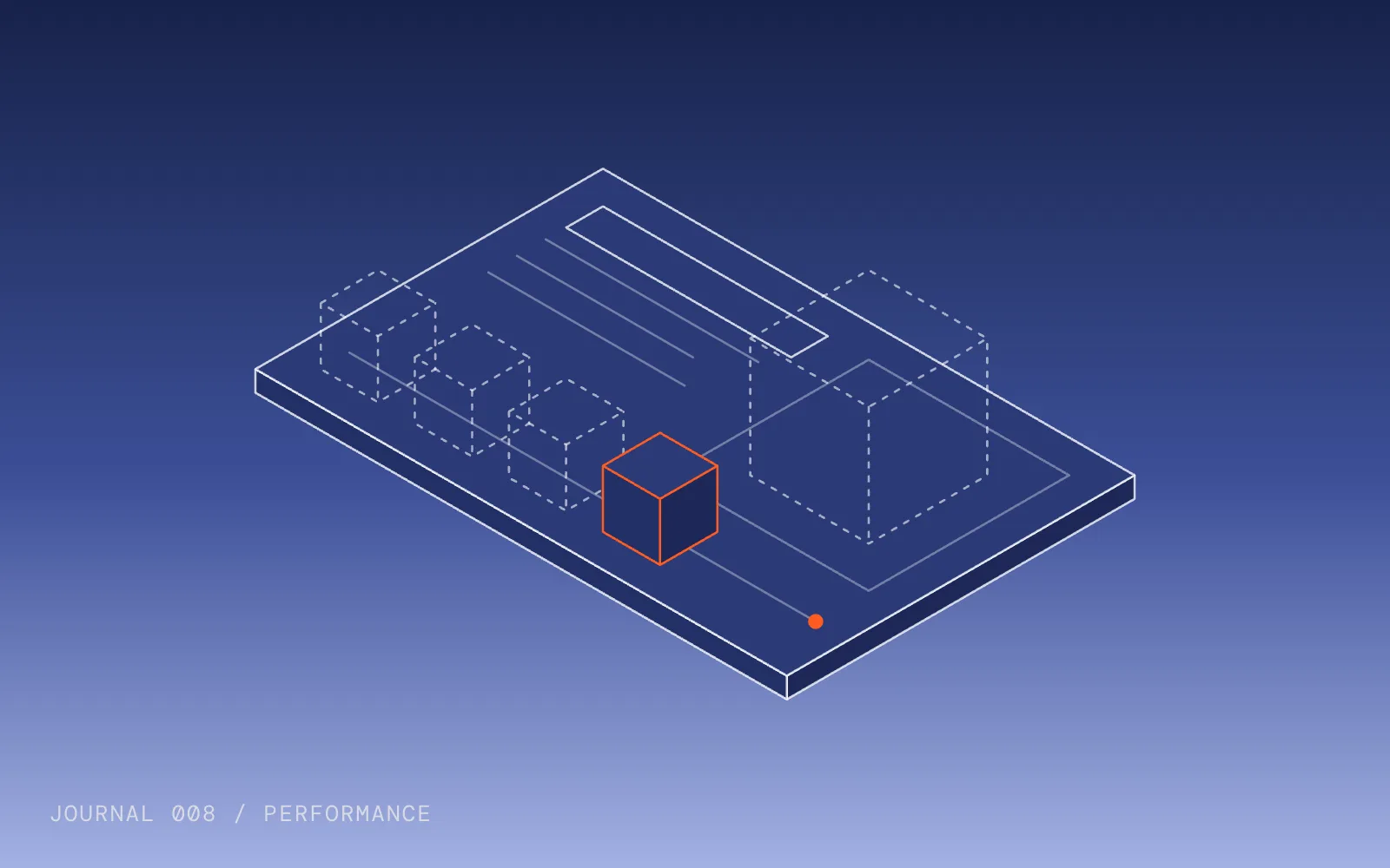A line drawing of a page plate with its text already in place, an outlined cube waiting in a frame reserved for it, and a block sliding along a rail past the outlines of where it has been