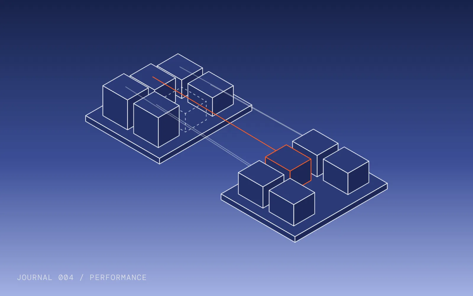 A line drawing of an old site of blocks on the left, linked by lines to a new site on the right, with one link highlighted and one old block dashed out